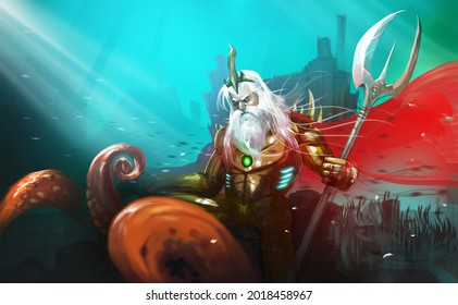 Digital Illustration Painting Design Style Sea God Poseidon Neptune, Against Underwater City.