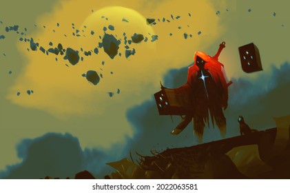 Digital illustration painting design style a soul slayer and weapons is stand on ruins, against armageddon.