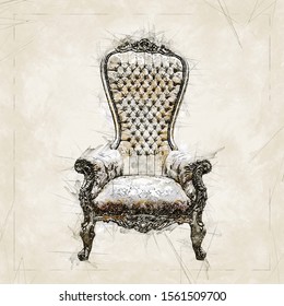 Digital Illustration Painting Of A Elegant Golden Royalty Throne.