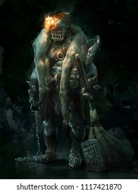 Digital illustration painting of fantasy character design male man dungeon keeper