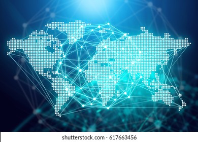 Digital Illustration Painting - Global Networking Connection And World Digital Map, Cyber Security Concept.