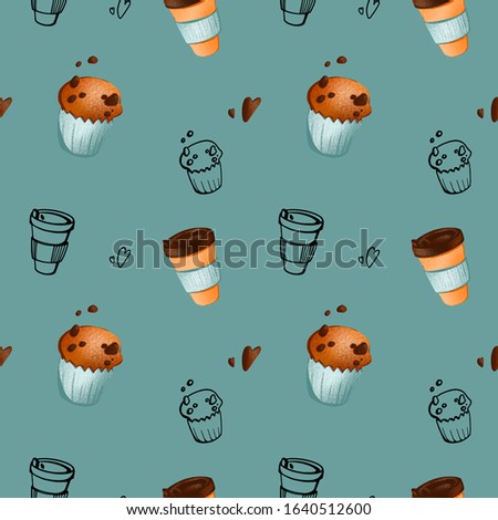 Digital illustration pattern on a turquoise background with chocolate muffin. Print for banners, posters, cards, fabrics, invitations, cafes.