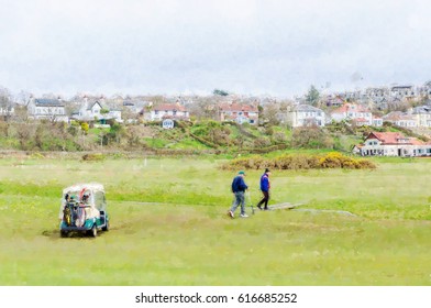 Digital illustration  from a photograph of golfers playing in front of the Clubhouse of West Kilbride Golf Club, an 18 hole links course located on the North Ayrshire Coast of Scotland - Powered by Shutterstock