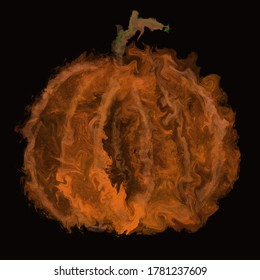 Digital illustration of pumpkin with stem on black background. Picture for design of advertising banners, shop windows, menus, magazines and things related to seasonal harvest, Halloween celebrations.