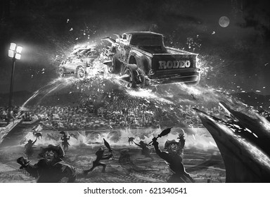 Digital Illustration Of Racing Truck Fighter Crush In Fire Explosion With Crowd And Clown