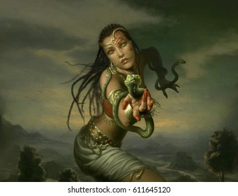 digital illustration of realistic hindu indian girl dance with snake naga close up