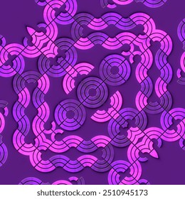 Digital illustration of a repeating geometric pattern of interlocking abstract shapes with a purple gradient. 3d rendering