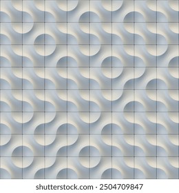 Digital illustration of a repeating white pattern composed of tiles that create a three-dimensional effect of wavy lines and circles. A harmonic and rhythmic composition. 3d rendering