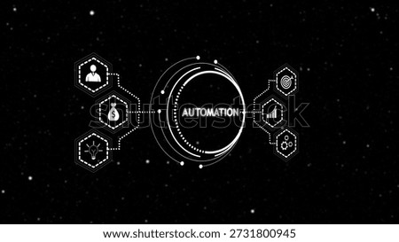 A digital illustration representing automation, featuring interconnected icons such as a person, money, a target, and gears, set against a starry background