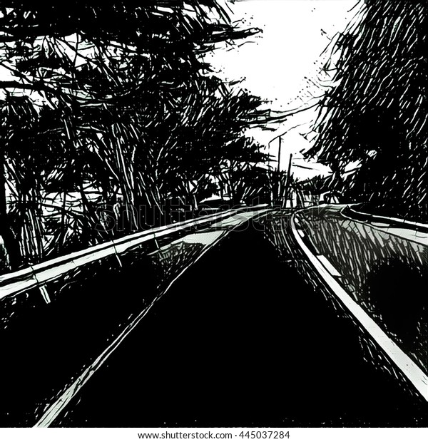 Digital illustration - The road, black and white\
colors. Monochrome image of car driving. Summer travel by\
automobile. Highway in countryside ink pen sketch. Car journey\
drawing. Road vintage\
picture.