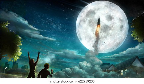 Digital Illustration Of Rocket Flying In Sky With Huge Full Moon As Background And Exciting Kids Children Cheering