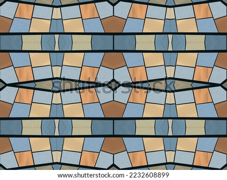 digital illustration for a seamless pattern with texture and stained glass style in blue, gray and brown colors