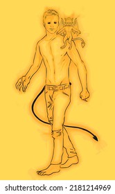 Digital illustration of a shirtless humanoid demon with black eyes walking, with a small imp on his shoulder