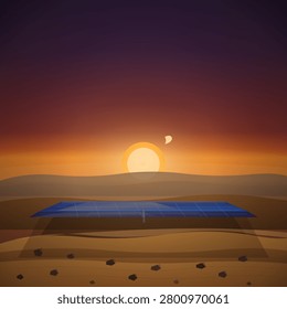 A digital illustration of a solar panel array standing alone in a vast desert landscape under a dramatic sunset sky with a distant planet visible.