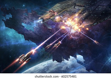 digital illustration of spacecrafts fight mother ship carrier in space universe