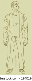 Digital illustration standing man wearing long trench coat