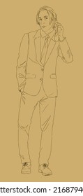 Digital Illustration Of A Standing Man Wearing Suit And Tie, Holding In His Hand An Eyepatch