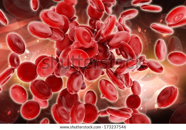 色の背景に血液細胞の流れを示すデジタルイラスト のイラスト素材