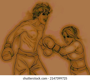 Digital Illustration Of A Tall Man And A Short Woman Boxing, With The Man Screaming And Lowering His Guard