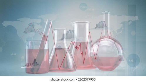 Digital Illustration Of Test Tubes Standing Over Data Processing, Statistics Showing In The Background. Medicine Public Health Pandemic Coronavirus Covid 19 Outbreak Concept Digital Composite.