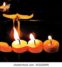 Digital Illustration Of Three Candles On Dark Background. Banner Template Or Backdrop For A Special Date With Text Place. Halloween Card Image. Home Altar Or Church Painting. In Memoriam Picture