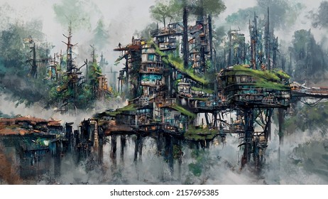 Digital illustration of a treetop village made out of scrap parts in a misty forest environment - fantasy painting