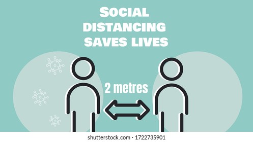 Digital Illustration Of Two People Standing In 2 Metres Distance. Public Health Pandemic Coronavirus Covid 19 Social Distancing And Self Isolation In Quarantine Lockdown Concept Digitally Generated