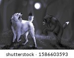 Digital illustration of two wolves ready to fight under the full moon
