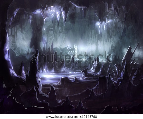 銀色の輝く水を持つ地下鍾乳洞トンネルシステムのデジタルイラスト のイラスト素材