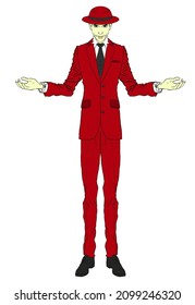 Digital Illustration Of A Very Tall And Thin Standing Man Wearing Suit, Tie And A Hat