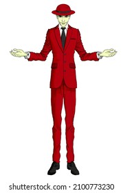 Digital illustration of a very tall and thin standing man wearing a red suit, a dark gray tie and a hat