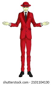 Digital Illustration Of A Very Tall And Thin Standing Man Wearing A Red Suit, Tie And A Hat