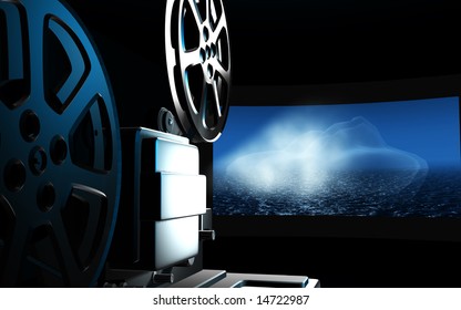 Digital Illustration Of Vintage Projector In Blue Background