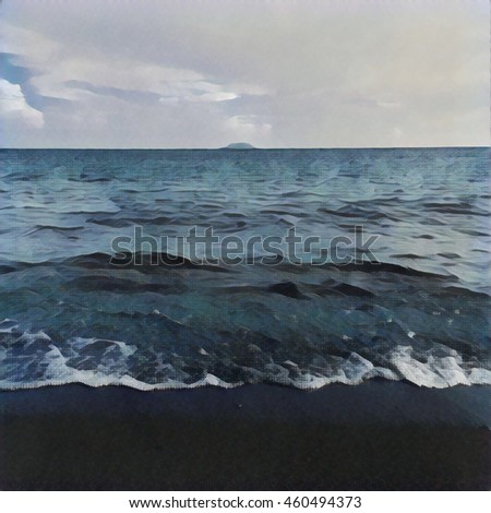 polaroid shows rear view of a woman in a stiff dress standing by the sea. north sea