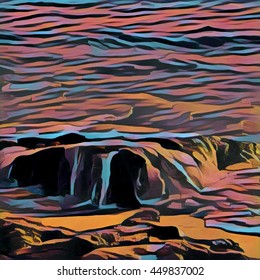 Digital illustration - The wave and stone. Orange sunset colors reflect in water. Ocean waves on rocky beach. Tropical summer painting style image. Modern art stylish background or backdrop