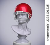 Digital illustration of white marble male classical bust with red american football helmet on pedestal from 3d rendering on grey background.