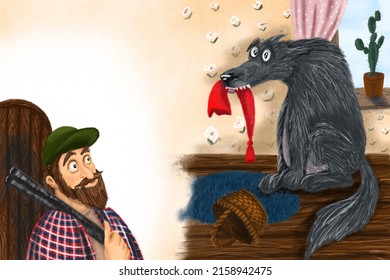 Digital Illustration Wolf Hunter Funny Picture Stock Illustration ...