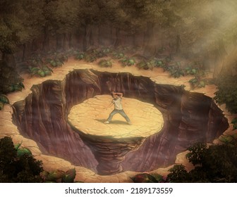 Digital Illustration Of A Young Boy Trapped In The Middle Of A Crater