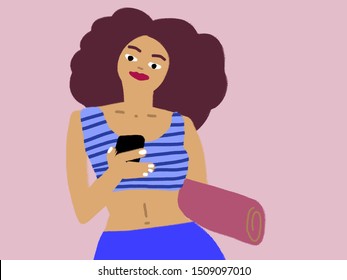 digital illustration of young fit African American woman using mobile phone holding her yoga mat. sports, recreation, cool down, fitness - Powered by Shutterstock