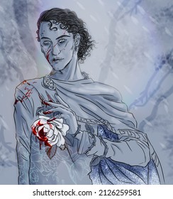 Digital illustration of a young man with semi-long curly hair holding a bloody rose in his hand