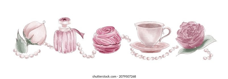 Digital illustration Decorative element in the form strip flowers  perfumes  casket  cup  which are united by string pearl beads Delicate feminine isolated pattern in beige   pink tones