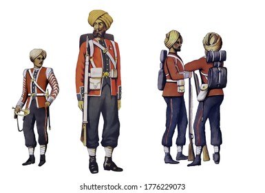 Digital Illustration/painting. Historic Indian Army Uniform And Soldier. 15th Sihk Infantry. Mid-late 18th Century British Empire Forces. Isolated On White.