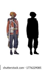 Digital Illustration/painting. Historic Indian Army Uniform And Soldier. 15th Sihk Infantry. Mid-late 18th Century British Empire Forces. Isolated On White.