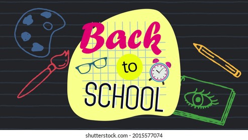 Digital image of Back to school text and multiple school concept icons over horizontal lines against black background