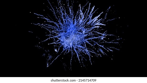 Digital Image Of Blue Fireworks Exploding Against A Black Background. 4k