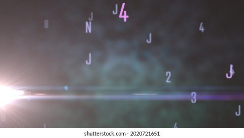 Digital image of changing numbers and alphabets against spot of light on green background. school and education concept