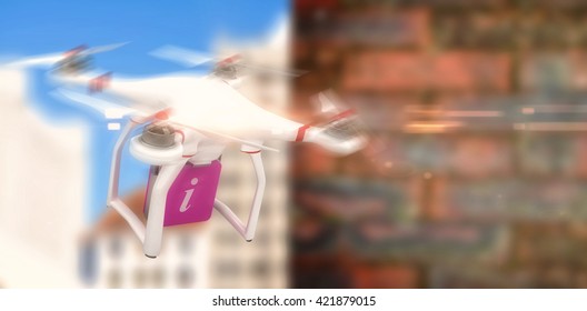 Digital image of a drone holding a cube against view of brick wall