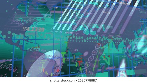 Digital image of financial and statistical data processing over world map on blue background. Computer interface and business technology concept