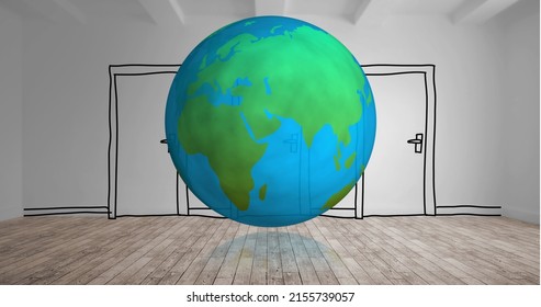 Digital Image Of Globe Turning With Cartoon Door On Background In Empty Room 4k