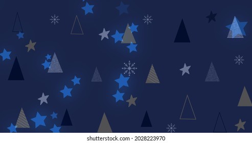 Digital Image Of Glowing Stars Moving Against Multiple Christmas Trees On Blue Background. Christmas Festivity Celebration Tradition Concept